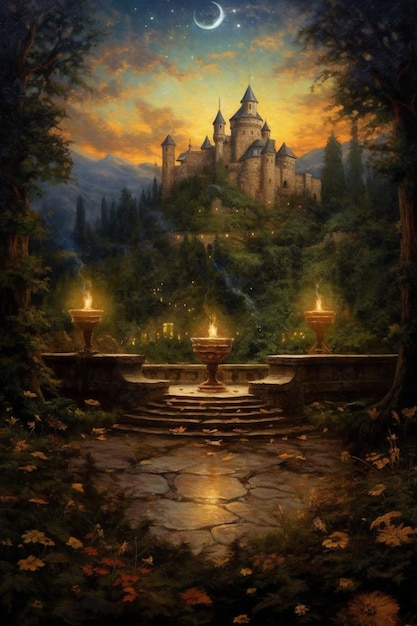 A painting of a castle surrounded by trees and a forest.