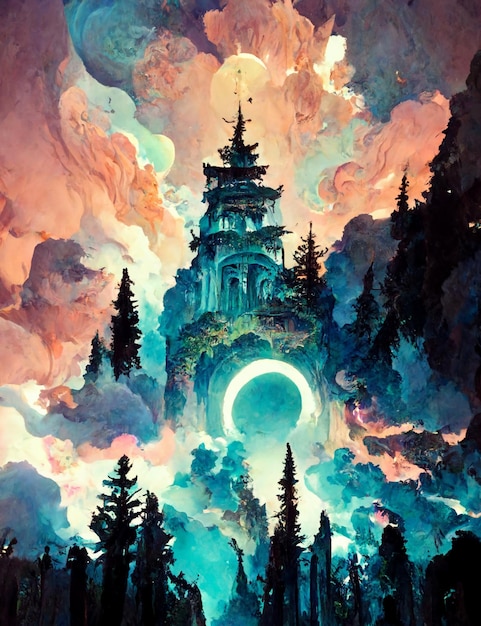 Painting of a castle surrounded by trees generative ai