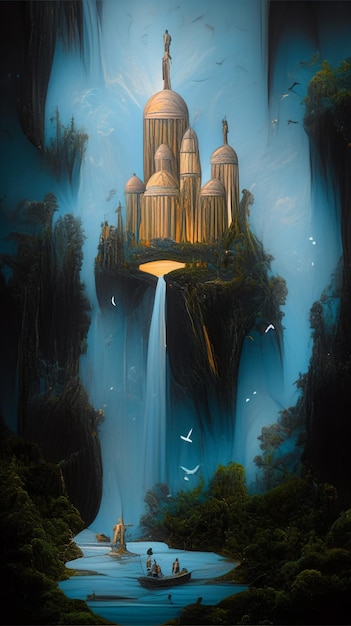 A painting of a castle in the water with a waterfall in the background.