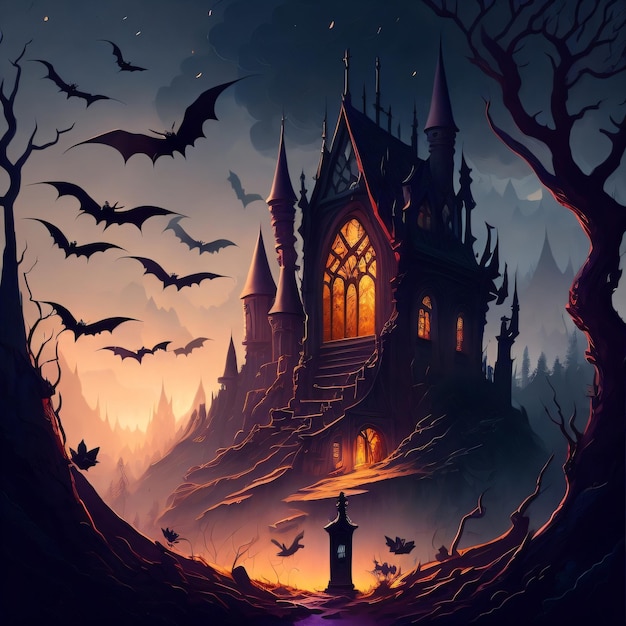 A painting of a castle with bats on the top and a Spooky theme on the bottom