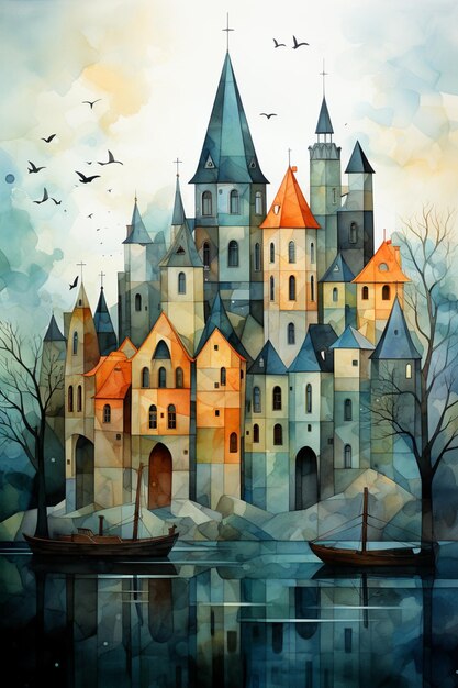 painting of a castle with a boat in the water and birds flying around generative ai