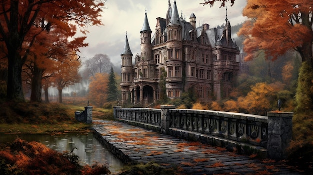 painting of a castle with a bridge and a pond in the foreground generative ai