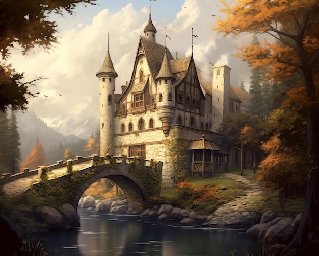 Painting of a castle with a bridge and a river in front of it generative ai