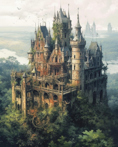 A painting of a castle with a castle on it