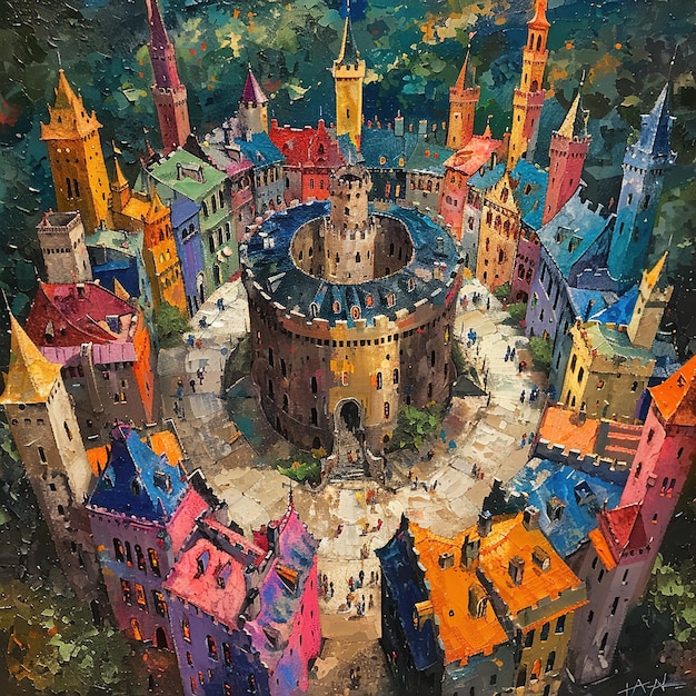 Photo a painting of a castle with a circle of a circle of the word  castle