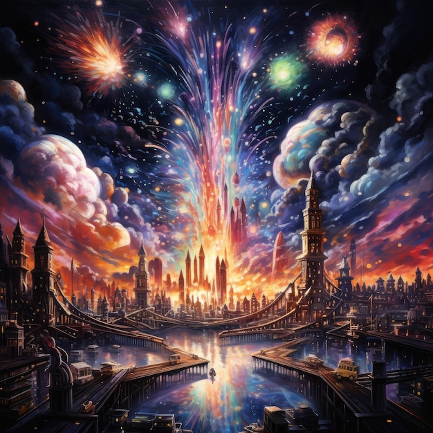 a painting of a castle with fireworks in the sky.