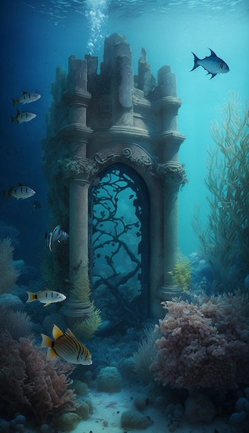 A painting of a castle with a fish in the bottom.