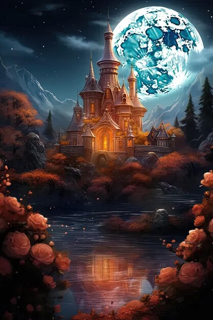 A painting of a castle with a full moon in the background