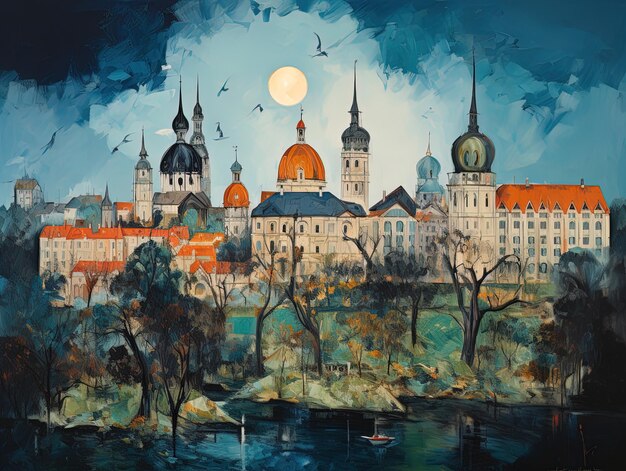 a painting of a castle with a full moon in the background.