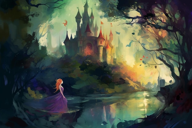 A painting of a castle with a girl in the middle of it