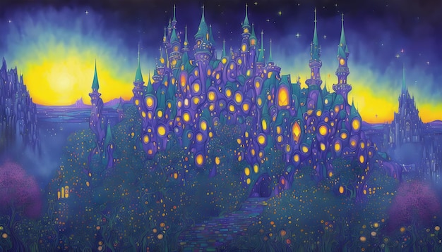 A painting of a castle with the lights on it.