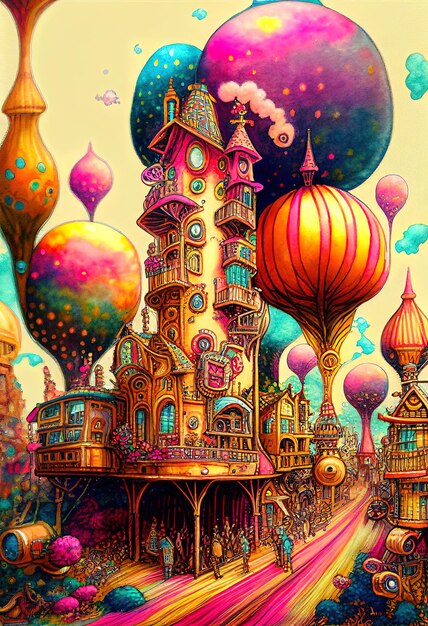 a painting of a castle with a lot of balloons and a building with a lot of different shapes