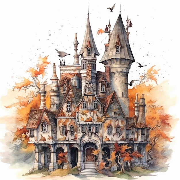 Картина замка с большим количеством окон и множеством летучих мышей, летающих вокруг генеративного ай