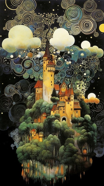 A painting of a castle with a moon in the sky.