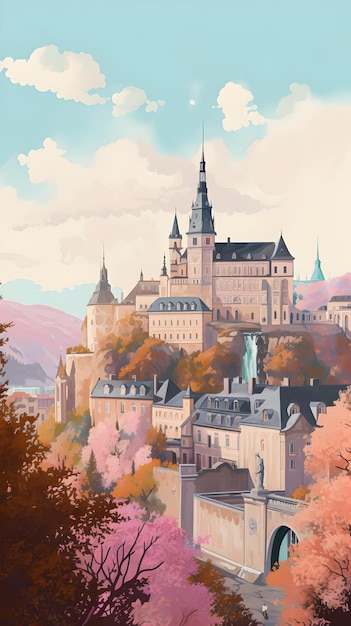 a painting of a castle with a mountain view in the background.