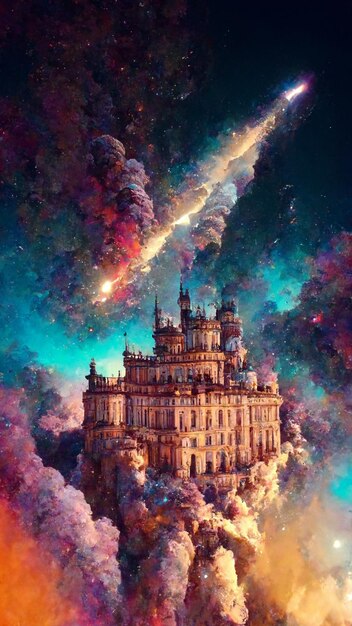 A painting of a castle with a nebula in the background.