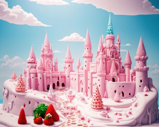 a painting of a castle with a picture of a castle and a strawberry