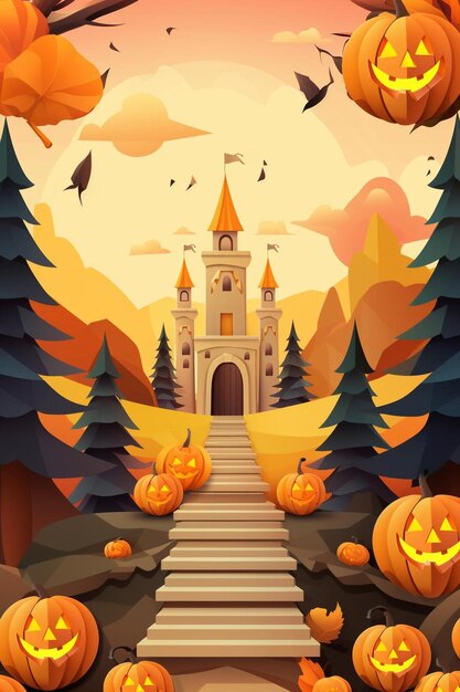 Photo a painting of a castle with pumpkins and trees