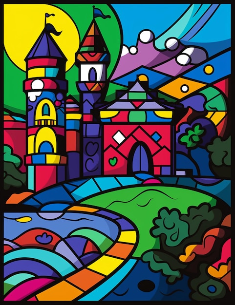 虹色の屋根と虹色の道を描いた城の絵