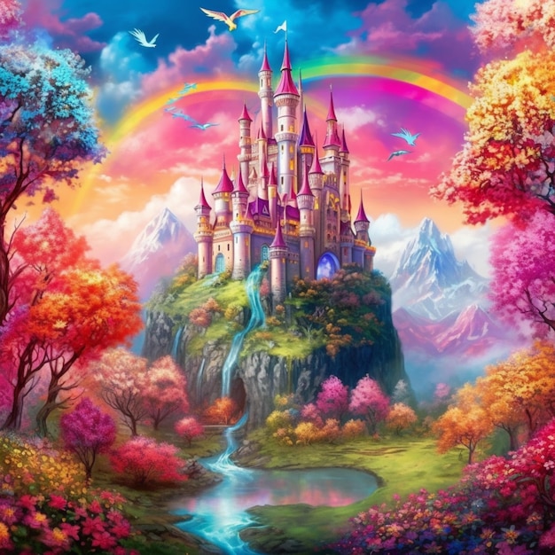 A painting of a castle with a rainbow in the sky generative ai