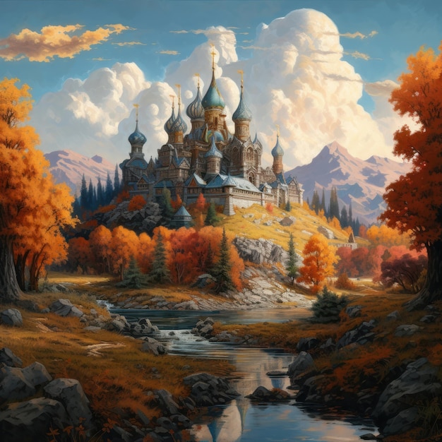 A painting of a castle with a river in the foreground.