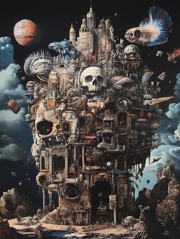 painting of a castle with a skull and a lot of other things