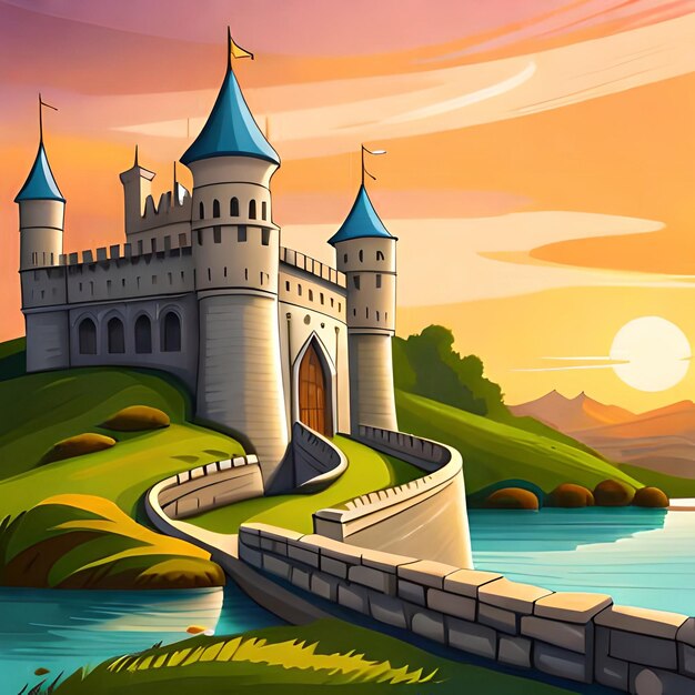 A painting of a castle with a sunset in the background.