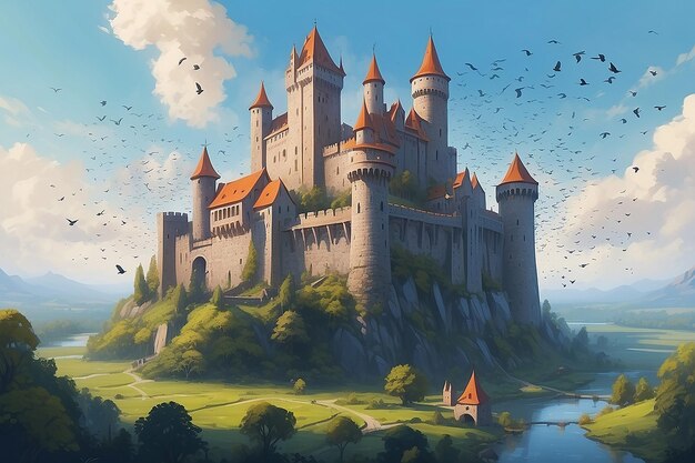 Картина замка с башней и множеством птиц, летающих вокруг генеративной ай