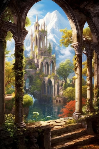 A painting of a castle with a waterfall in the background.