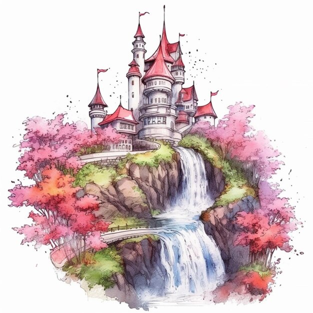 a painting of a castle with a waterfall and a bridge generative ai