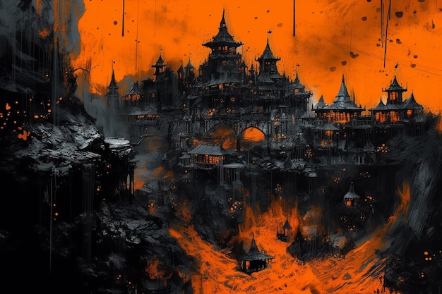 A painting of a castle with the words fire on it