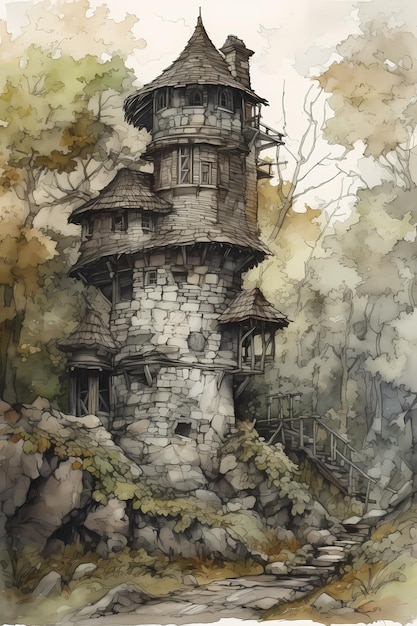 A painting of a castle in the woods