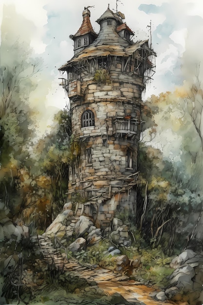 A painting of a castle in the woods