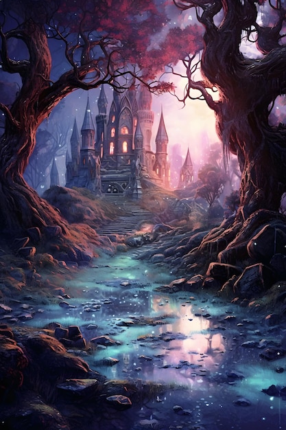 A painting of a castle in the woods