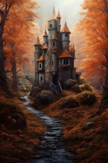 A painting of a castle in the woods.