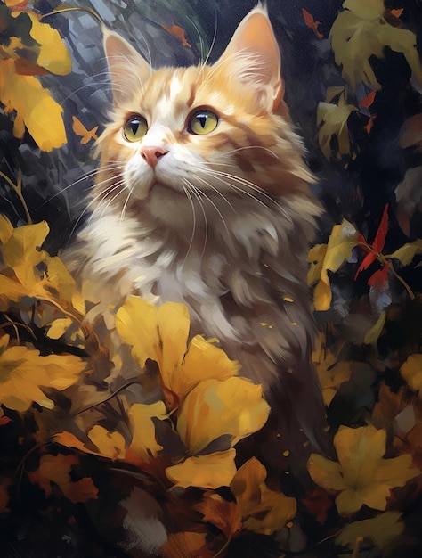 A painting of a cat in autumn leaves