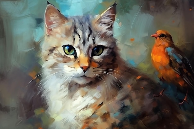 A painting of a cat and a bird.