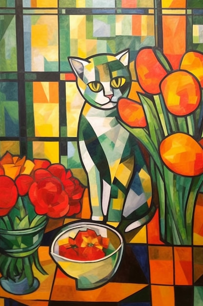 A painting of a cat and a bowl of flowers.