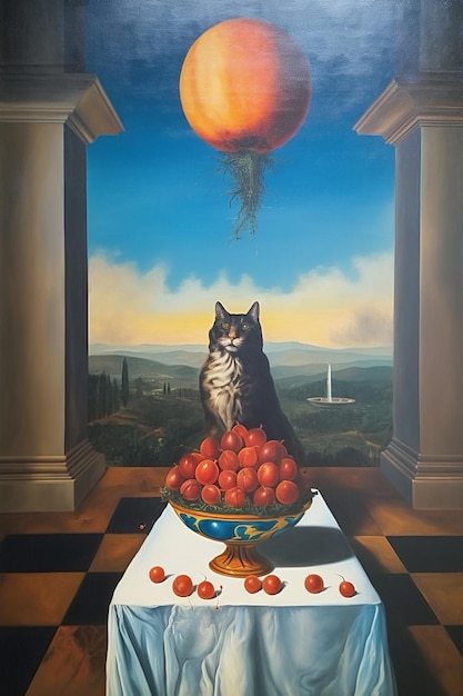 A painting of a cat and a bowl of fruit with the words " cat " on it.