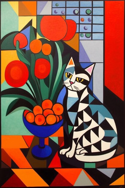 A painting of a cat and a bowl of oranges.