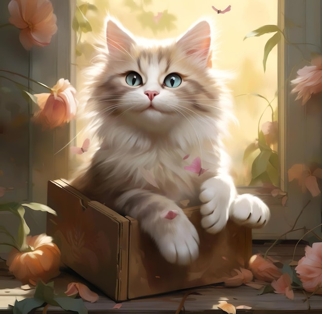 A painting of cat in a box