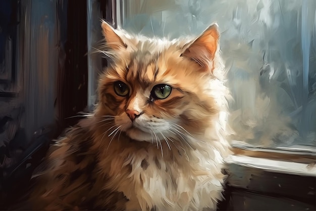 A painting of a cat by a window.