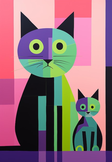 Картина кошки и кошки, сидящих рядом друг с другом.
