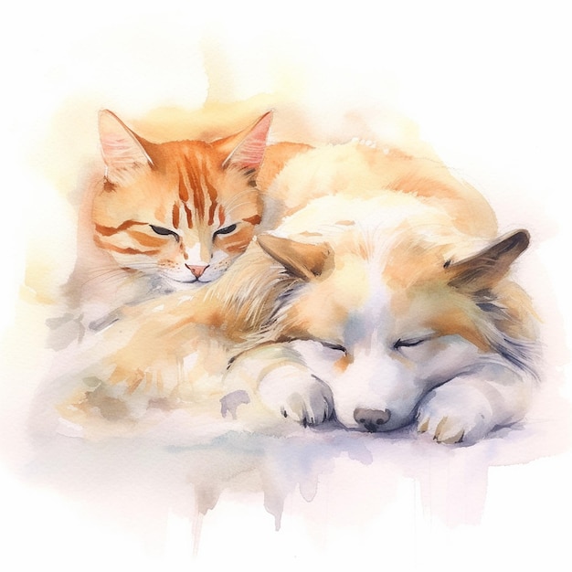 A painting of a cat and dog laying together.