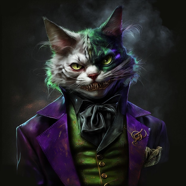 紫色のジャケットを着たジョーカーの服を着た猫の絵