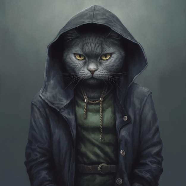 Картина кошки, одетой в куртку с капюшоном и капюшон