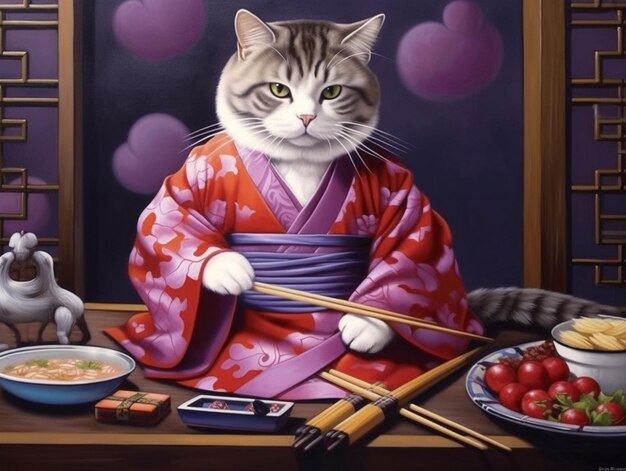 painting of a cat dressed in a kimono outfit with chopsticks generative ai