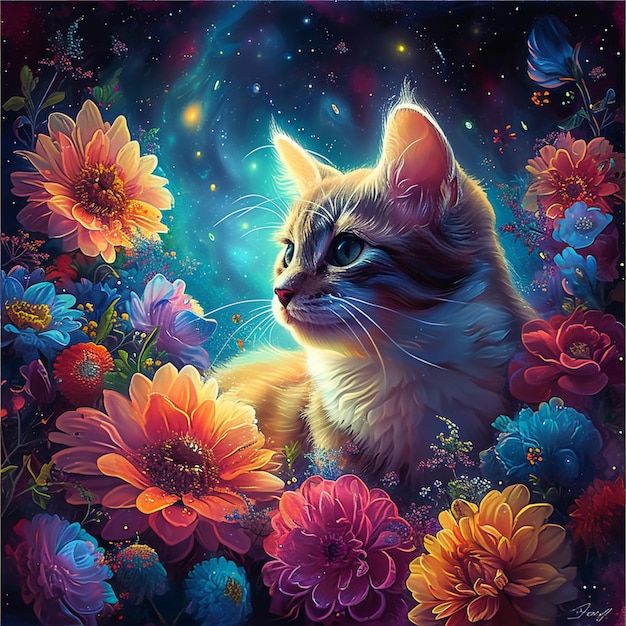 painting of a cat in a field of flowers with a bright light generative ai