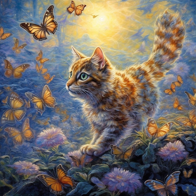 painting of a cat in a field of flowers with butterflies generative ai