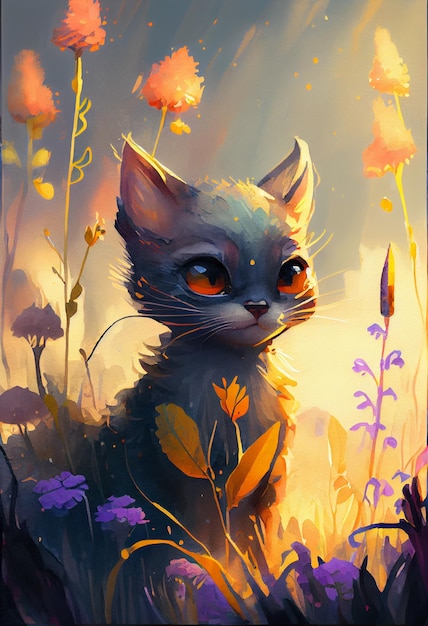 painting of a cat in a field of flowers with a sunbeam generative ai